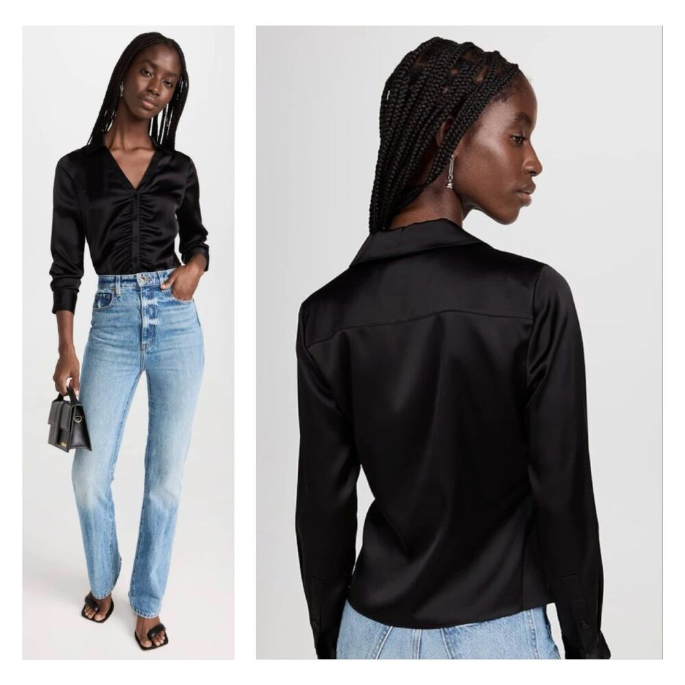 THEORY Ruched Satin Button-Front Shirt, Black, Sz S